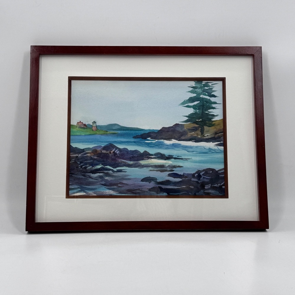 Original Maine Coastal Watercolor Framed Lighthouse Seascape 15x19